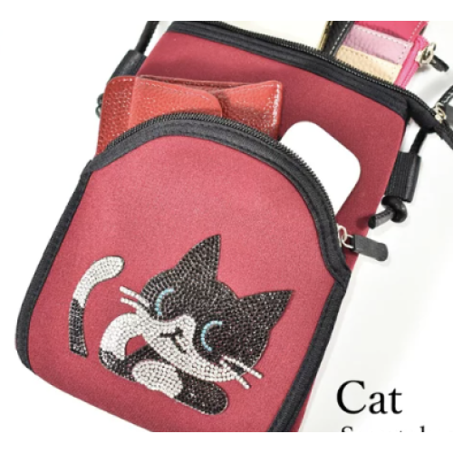 【サコッシュ】ワインレッド 猫ラインストーンサコッシュ